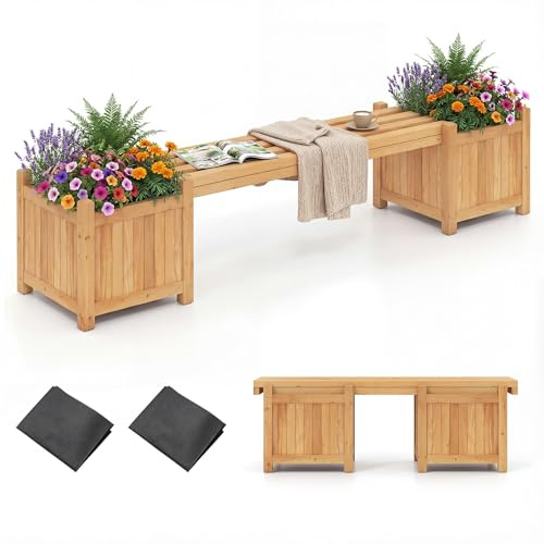 HOMASIS 3 en 1 Banc de Jardin en Bois de Sapin, Banc de Terrasse Extérieur avec 2 Bacs à Fleurs et 2 Plates-Bandes Latérales, Lit de Jardin Surélevé pour Jardin et Pelouse (Naturel,169x35x35cm)