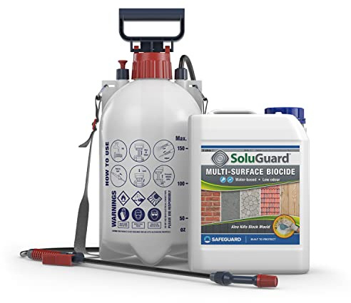 Soluguard Multi Surface Biocide (1 x 5L & Sprayer) Pump Action Sprayer – High Strength, Ready For Use Against Fungi, Mould and Algae on Internal and External Walls, Brick, Stone, Render