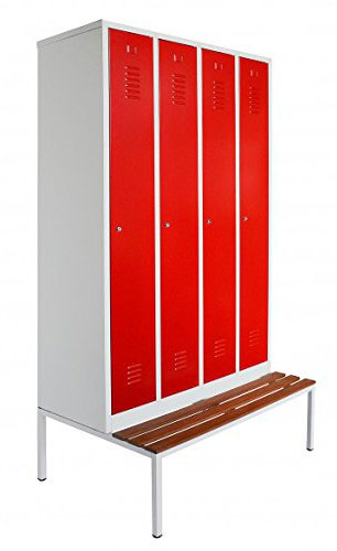 Schrank & Stuhl Spind – Metallspind mit 4 Abteilen und Sitzbank - 30 cm Abteilbreite, Lieferung komplett montiert | GRAU/ROT