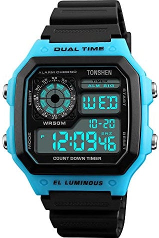 TONSHEN Herrenuhr 50M Wasserdicht Sportuhr LED Elektronik Digitaluhr Outdoor Militär Multifunktional Plastik Uhren und Kautschuk Band Armbanduhr (Blau)