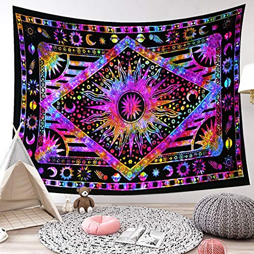 LIGICKY Indisch Psychedelic Wandteppich Mandala Indischer Bohemian Wandbehang Boho Baumwolle Hippie Wandtuch/Meditation Yoga Mats (Sonne Mond Sterne, Lila,150 x 200cm)