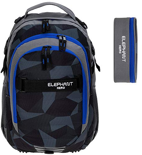 Elephant 2tlg. Set Schulrucksack Hero + Mäppchen 12770 Cyber Camo Blau rm | Signature schwarz Grau Rucksackset Mäppchenbox 2Teile Schule Rucksack mit Stifteetui
