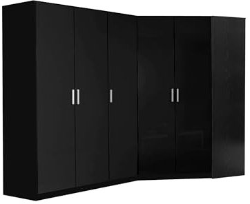 Reflect 2 Piece Wardrobe Bundle | 2 Door Corner + 3 Door Plain | Black Gloss & Black Oak Finish | H: 180cm x W: 179cm x D: 103cm | Modern Bedroom Furniture Storage Solution