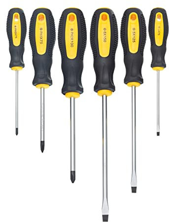 HPMAISON Set di Cacciaviti 6 Pezzi, Acciaio al Cromo Vanadio Durevole Con Punte Magnetiche, Include 3 Teste Piatte (3x75mm/5x125mm/6x150mm) e 3 Testa Incrociata (PH0x75mm/PH1x75mm/PH2x100mm)