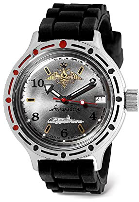 VOSTOK Amphibian 420392 U-Boot-Automatik-Armbanduhr mit Selbstaufzug, 40 mm, WR 200 m, Stahl-Zifferblatt, mechanische Uhr, leuchtende Punkte, Schwarzes Kunstharz., Taucher