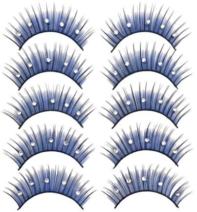 Lot de 5 paires de faux cils bleus duveteux avec strass 3D brillants longs et épais pour extensions de cils de maquillage pour femmes et filles
