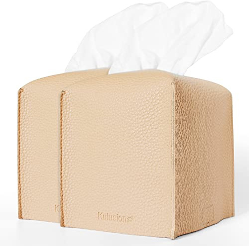 Tissue Box Covers, Modern Square Tissue Box Covers for Tissue Cube Box, Tissue Storage Box Covers, Leather Tissue Covers for Bathroom Dresser Countertop Vanity Decor, Beige 2 Pcs