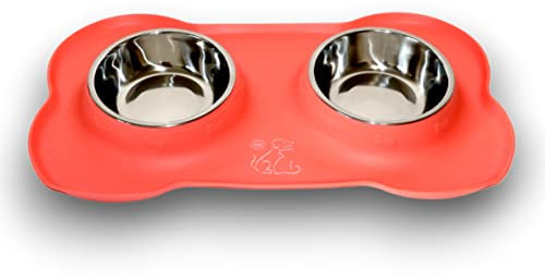 TDL Market Ciotole per Cani e Gatti | Prodotto 3 in 1 con 2 Ciotole in Acciaio Inox e 1 Tappetino Antiscivolo in Silicone a forma di Osso
