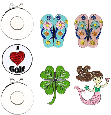 Eshan 5 pcs Cute Golf Ball Markers and 2 pcs Magnetic Hat Clips Set | Lovely Pattern Shape, Rust Resistant, Nickle Plated, Strong Magnet, Gift for Lady Golfer