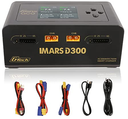 Gens Ace Lipo Battery Charger IMARS D300 G-Tech Series Smart Dual Lipo Charger 16A AC 300W DC 700W Lipo Charger（Black）
