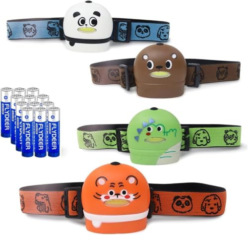 KunHe 4 Stück LED batterie Stirnlampe, energiesparende Kinderstirnlampe mit 12 AAA Batterien, Geschenke für Mädchen Jungs Kinder, Kopflampe für Nacht Wandern Camping und Party