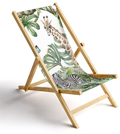 MyMaxxi Liegestuhl Holz Bedruckt Gartenstuhl - Dschungeltiere mit Palmen - Terrasse Balkon Sonnenliege - klappbar Strandstuhl Garten - Relax Gartenliege - verstellbar