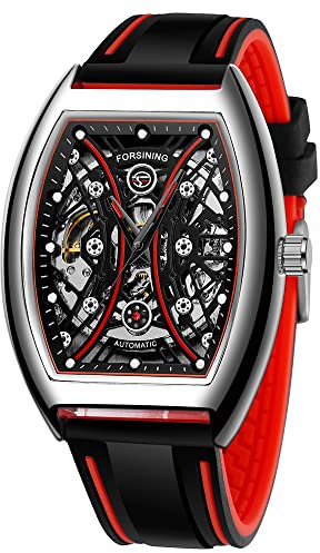 Tiong Quadratische Silikon Mechanische Uhr Herren Skelett Schwungrad Uhren Wasserdicht Silikonband Mechanische Uhren für Männer, FOR001 - Schwarz / Rot, Modern