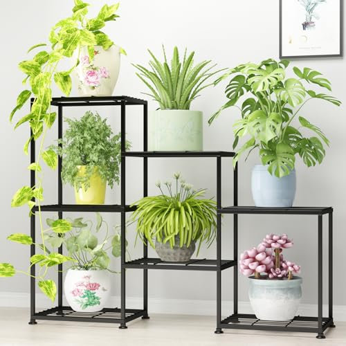 YUJCHMTZN Metal Plant Stand Indoor Metal Plant Stands Outdoor Tiered Plant Shelf for Multiple Plants, 3 Tiers 7 Potted Ladder Plant Holder Table Plant Pot Stand for Window Garden Balcony Living Room