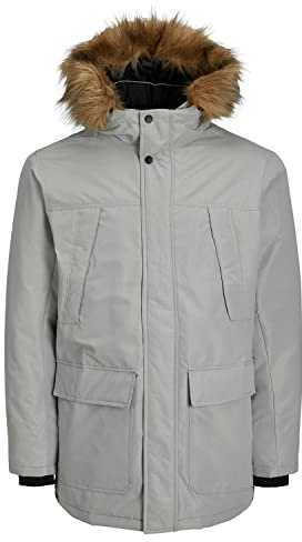 JACK & JONES Men's Long Sleeves Padded Parka with Fur Hood - Grey Melange