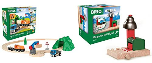 BRIO World 33878 - Starterset Güterzug mit Kran - Der ideale Einstieg Holzeisenbahn - Empfohlen für Kinder ab 3 Jahren & World 33754 Magnetisches Glockensignal ab 3 Jahren