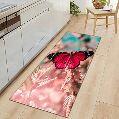 TFLABS Teppich Läufer Rosa Blumen & Schmetterlinge KüChenteppich Waschbar rutschfest Teppich Küche, Teppichläufer Küchenläufer für Flur, Küche, Schlafzimmer 40 x 100cm