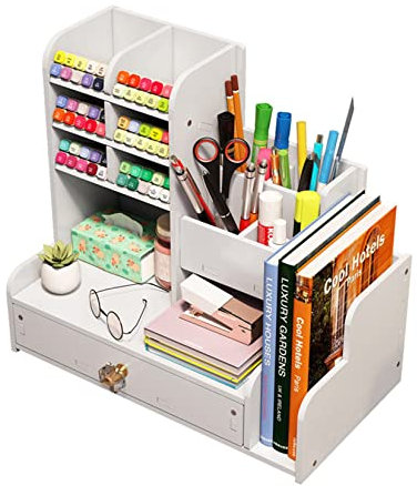通用 RUIXUE® Portapenne da Scrivania in legno con cassetto, Organizer Scrivania,Grande Capacità,Portapenne per cancelleria fai da te,Porta Penne per Scriva