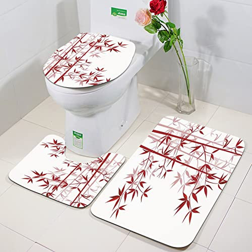 Ensemble Tapis de Bain 3 Set,Bambou, illustration de bambou, asiatique, nature, exotique, plante, modèle, culturel, symboli,WC Tapis Contour Tapis de Salle antidérapant de Doux et Confortable Lavable