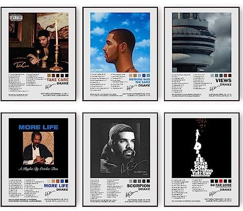 LBingbrother Drake signierte limitierte Poster, Musikalbum-Cover, Posterdrucke, Set mit 6 Zimmern, ästhetische Leinwand, Wandkunstdrucke für Mädchen und Jungen, Teenager, Schlafsaal, Schlafzimmer,
