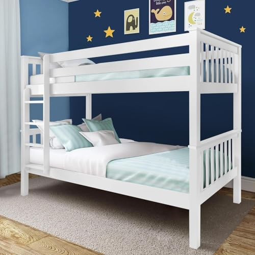 Double Bunk Beds for Kids, 3ft White Wooden Bunk Bed with Ladder Twin Sleeper Kids Bed Solid Pine Wood Frame Children Single Double Bed frame for Kids Children Home (White L198 cm x W98 cm x H145)