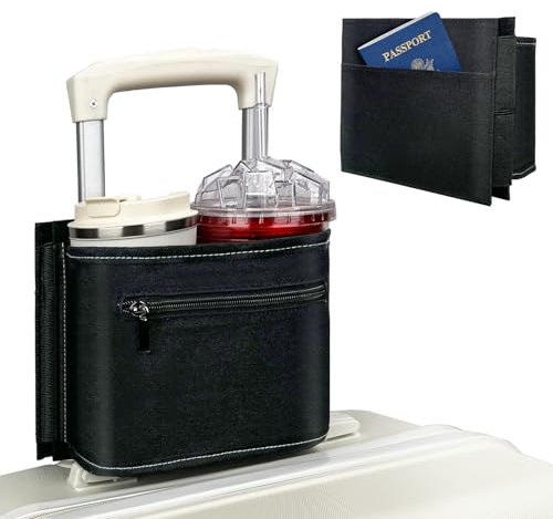 Travel Luggage Cup Holder, Vethers Drink Carrier, Luggage Cup Holder Attachment, Free Hand Suitcase Drink Carrier for Drinks Beverages, Coffee, Bottles, Snacks (Jet)