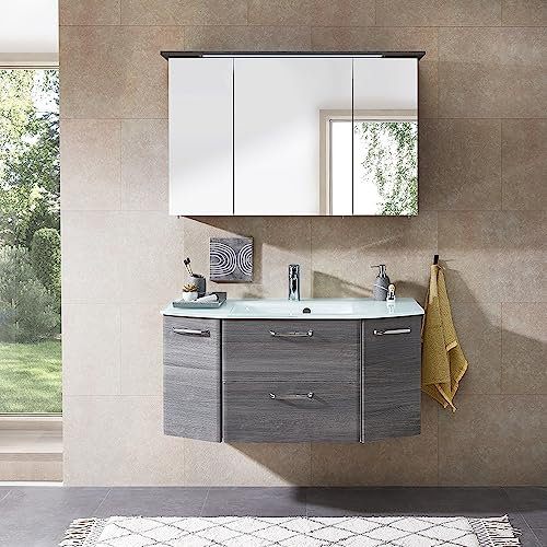 Lomadox Badmöbel Set Waschtisch mit Glaswaschbecken und Spiegelschrank in Graphit Struktur quer Nb., B/H/T: ca. 115/195/48 cm