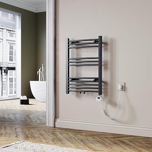 SUNXURY Badheizkörper Elektrisch Anthrazit 700x500 mm Gebogen Handtuchwärmer Handtuchheizkörper Elektrisch mit Mini-Thermostat Auswählbar Panel Handtuchhalter Wasser Mittelanschluss 400 Watt