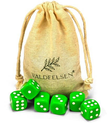 Waldfelsen 6, 12, 20, 30 oder 50 hochqualitative Würfel Standardgröße 16 mm Acrylwürfel Knobel Spielwürfel Dice 6-seitig sechsseitig Spielzubehör Set mit Stoffbeutel (Grasgrün, 6 Stück)