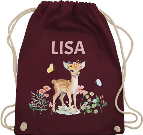 Turnbeutel Rucksack - Reh mit Name personalisiert I Rehkitz I Rehe - Unisize - Bordeauxrot - und kindergartenrucksack tier blumen beutel kinder+stoffbeutel+kindergarten tiere stoffbeutel
