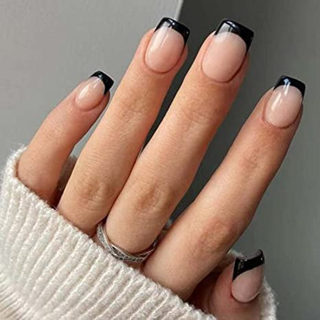 JUSTOTRY 24 Pcs Black French Tip Press on Nails Short Designs,Glossy Nude False Nails Square,Pretty Stick on Nails for Women and Teens,Squoval Fake Nail for Nail Art