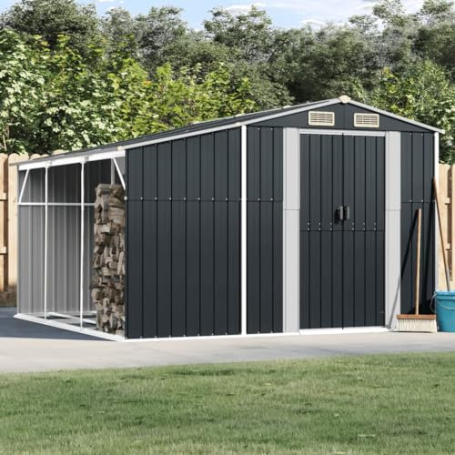 Gecheer Capanno,Casetta,da Giardino,per Esterno,con Portalegna,con Porte,in Acciaio Zincato,Antracite,277x279x179 cm,Capanno Casetta Attrezzi da Giardino Acciaio,Capanno Casetta Utensili in Metallo