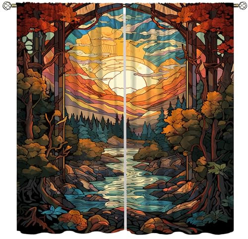 AAVEUP Glas-Wandvorhang, Vintage-Stil, mittelalterliche Kirche, Malerei, Wald, Fluss, Sonne, Wandbild, Muster, Dekor, Fensterbehandlungen, thermisch isolierte Vorhänge für Jungen und Mädchen,