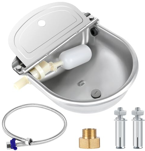 ToLanbbt Automatic Animal Dispenser Horse Water Bowl with Float Valve Stainless Steel Goat Waterer Feeder Outside Water Trough for Livestock Auto Fill Dog Watering Bowl with 1/2 Hose, Drainage Hole