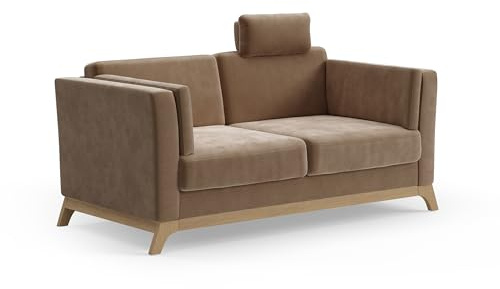 Cavadore 2,5er-Sofa Vida / 2,5-Sitzer Couch im trendigen Design mit massivem Holzrahmen in Buche, Kopfstütze mit Kuschelkissen / 183 x 84 x 93 / Mikrofaser, Hellbraun