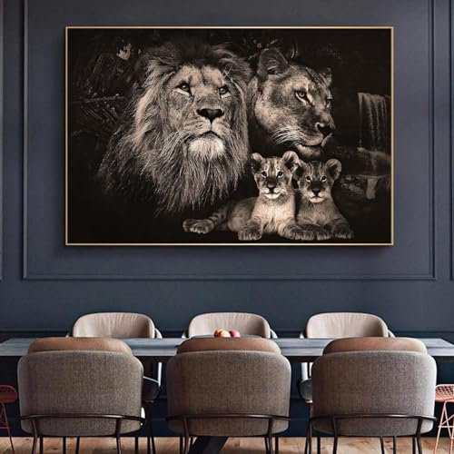 MHLCMG Blanc et Noir Animal Lions et bébés Lions Affiche Modernes Toile Tableau Art Peintures Decoration Murale pour Salon Chambre Tableau Decoration, sans Cadre (50X70CM)