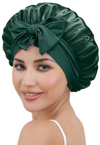 ZIMASILK 100% Mulberry Silk Bonnet for Sleeping Shower Caps Women Long Hair Double Layer Silk Hair Wrap with Elastic & Tie Band Cooling Hair Caps for Hair Care Stay On Head (1Pc, Blackish Green)