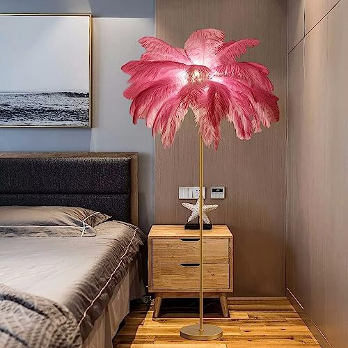 Lampadaire en plumes d'autruche naturelles, lampe sur pied en palmier de 160 cm pour chambre à coucher, salon, corps de lampe en or/laiton, abat-jour en plumes roses, lampe sur pied en plumes de princ