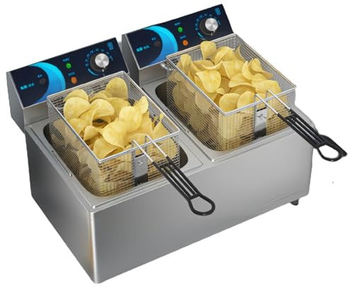 LFfwynog Freidora Comercial con Cesta, Doble Tanque Freidora Comercial Acero Inoxidable extraíble Limpieza rápida Protección contra sobrecalentamiento 60~200 ℃ Amplio Rango de Temperatura