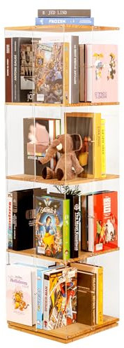 TAKEKIT Drehbares Bücherregal, 360 Grad drehbares Bücherregal, 4-stöckiges drehbares Bücherregal, klares Acryl & Massivholz, drehbares Bücherregal für Kinderspielzimmer, Schlafzimmer und Wohnzimmer,