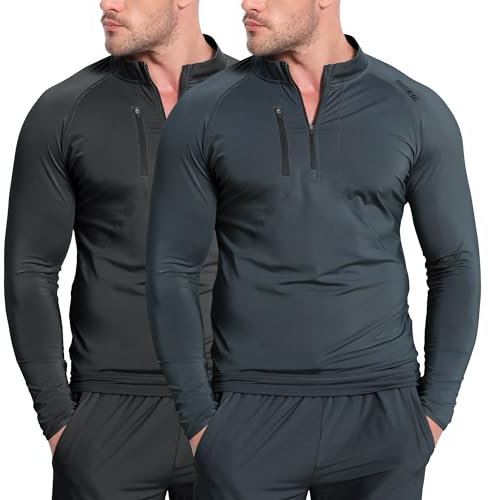 BROKIG Mens Dualzip Gym 1/4 Zip Top,Muscle Tight fit Lightweight Outdoor Athletic Long Sleeve Pullover with Pockets(L,Black/Dark Grey)