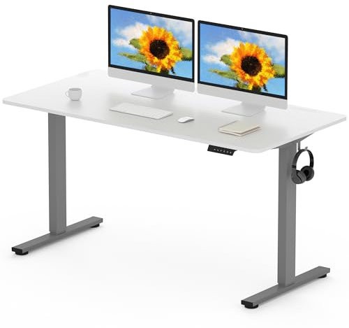 FLEXISPOT 140 x 80cm Electric Standing Desk ONE PIECE Height Adjustable Desk Sit Stand Desk with 4 Memory Smart Pannel and Backpack Hook for Home Office, (Gris Frame+White Desktop)