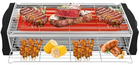 YUNRUX Elektrogrill 150-230℃ Tischkochgrill Doppelschicht Steakgrill Edelstahl Easygrill BBQ Grill Oberhitzegrill rauchfrei Elektrischer Grillofen tragbarer Tischgrill Camping Grillset Outdoor BBQ Set