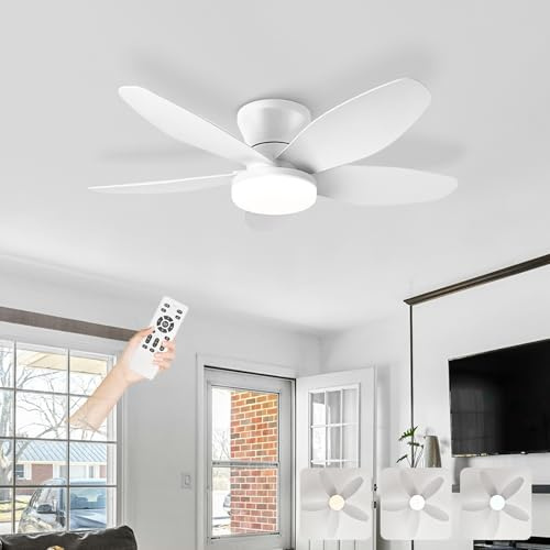 AQLEDY Ceiling Fans with Lights and Remote, Fan Lights Led Ceiling for Bedroom, Indoor 5 Blades Silent Large Fan Lamp, Dimmable 6-SPD Reversible DC Motor with Timer for Living Room-White||36in