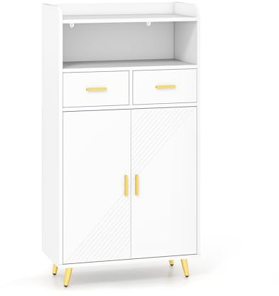 LIFEZEAL Armario de Almacenamiento Multiusos con 2 Cajones (Blanco) | Mueble Auxiliar con Puertas y Estante Ajustable para Comedor, Sala de Estar y Baño, 60 x 30 x 113 cm