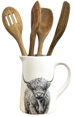 16cm Tall White Ceramic Highland Cow Kitchen Utensil Storage Pot/Decorative Jug