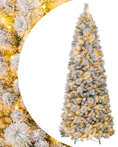 SPOTRAVEL 7FT Pre-lit Artificial Christmas Tree, Pop-Up Xmas Tree (210 cm) | with 680 Snow-flocked Branch Tips, 200 LED Lights & Metal Stand, Easy Setup Seasonal Decoration Tree