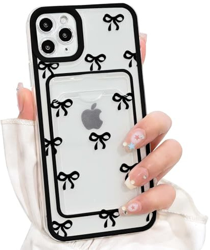 NITITOP Compatible with iPhone 11 Pro Max Case Clear Bow Wallet,Black | for Women Girls, Cute Bowknor Ribbon Design, with Card Holder, Color Frame, Soft TPU Shockproof Cover, Full Camera Protection
