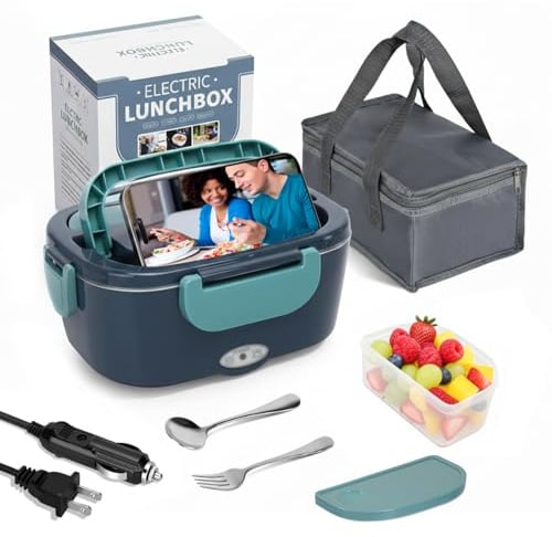 Carehabi Elektrische Lunchbox 60W 1,5L, Beheizbare Lunchbox 3-in-1 für Auto LKW und Büro 12V 24V 220V, Edelstahl Thermo Lunchbox mit Isoliertasche & Besteck, Warmhalten Behälter für Essen