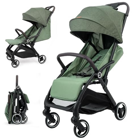 Sekey Reisebuggy Flugzeug Handgepäck mit Liegefunktion, Kinderbuggy Klappbar bis 25kg mit Regenschutz, Buggy Kinderwagen Leicht mit Reflektor, 3-fach verstellbare Rückenlehne, BW732, Grün/Schwarz